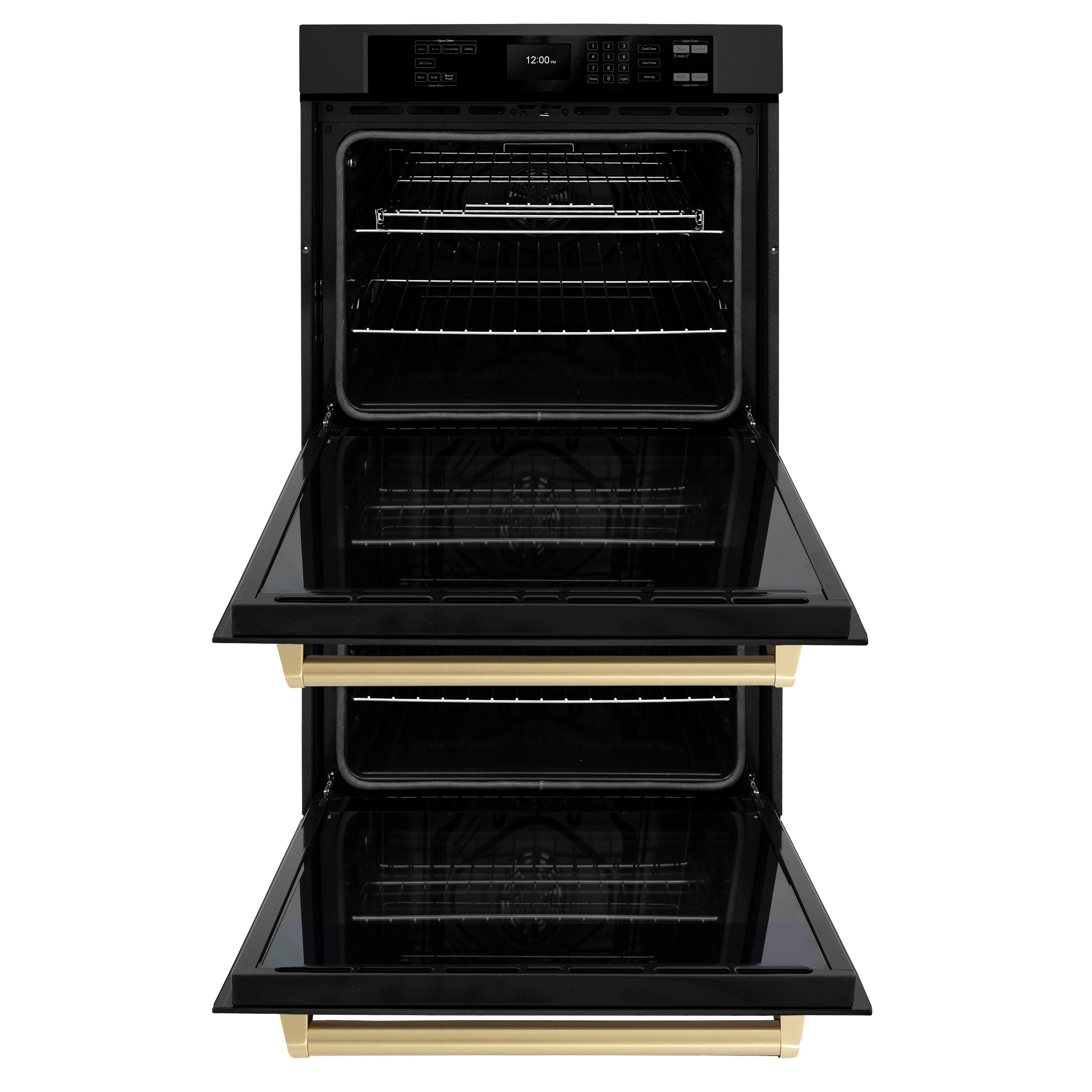 Angle. ZLINE - 30 in. Autograph Double Wall Oven w/ Air Fry in Black Stainless & Bronze Handles - Black stainless steel.