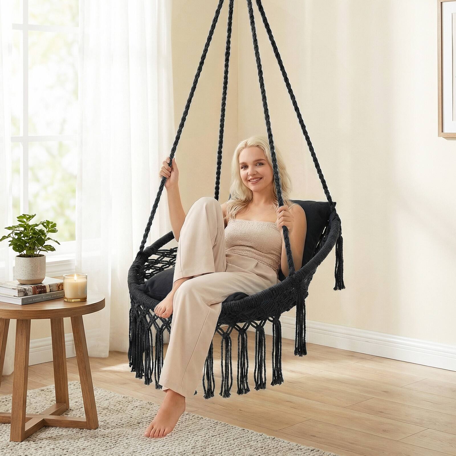 Alt View 1. Costway - Costway Macrame Swing Chair with 2 Removable Cushions, Enduring Polyester Cotton Ropes - Black.