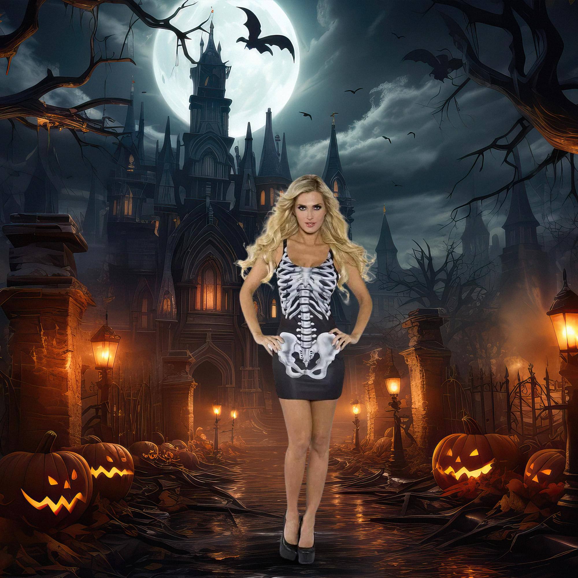 Alt View 10. Underwraps - Sexy Bones Skeleton Mini Costume Dress X-Small - Black.