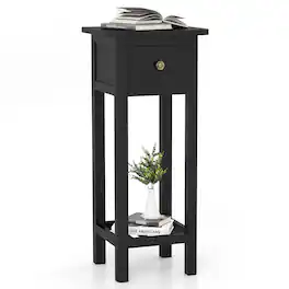 Costway - Solid Wood Side Table Telephone Table with Drawer & Open Shelf for Living Room - Black