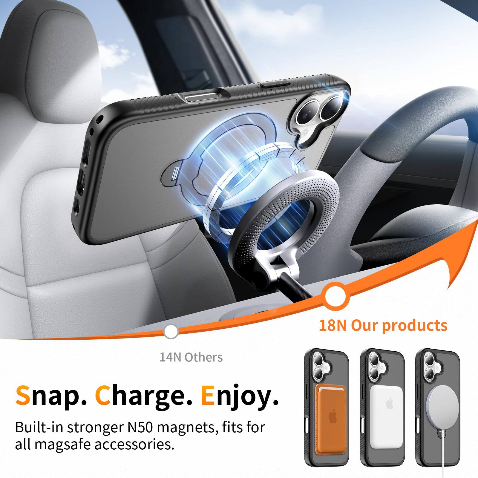 18N Our products  
14N Others  

Snap. Charge. Enjoy.  

Built-in stronger N50 magnets, fits for all mag safe accessories.