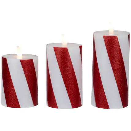 Front. Northlight - LED Flameless Flickering Candy Cane Wax Pillar Christmas Candles - 6" - Set of 3 - Red.