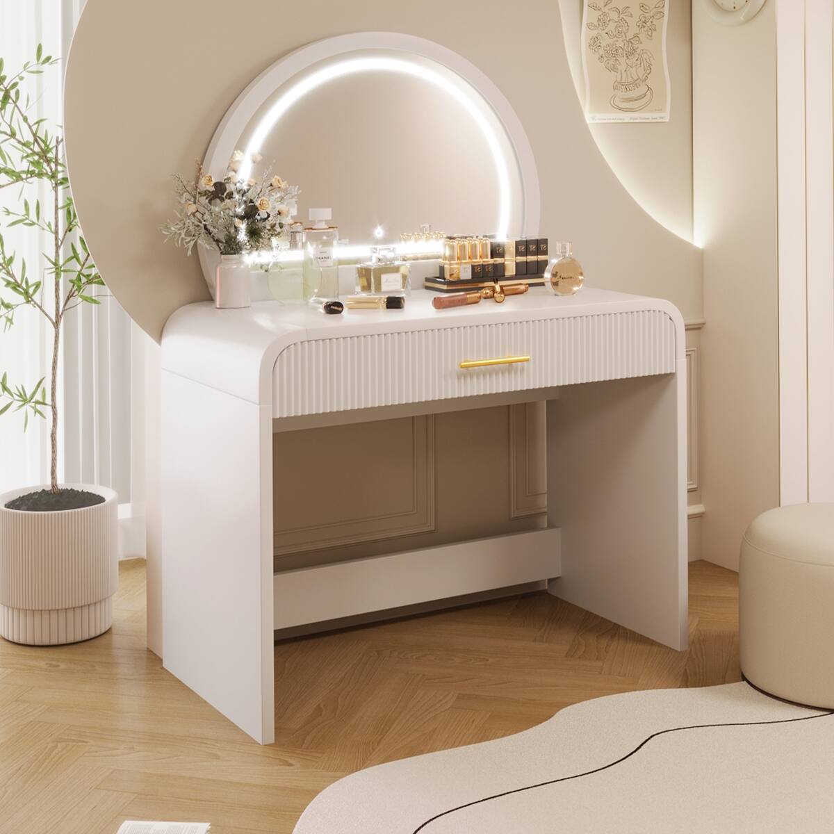 Loheer Makeup Vanity Table with Touch Screen Lighted Mirror and Drawer ...