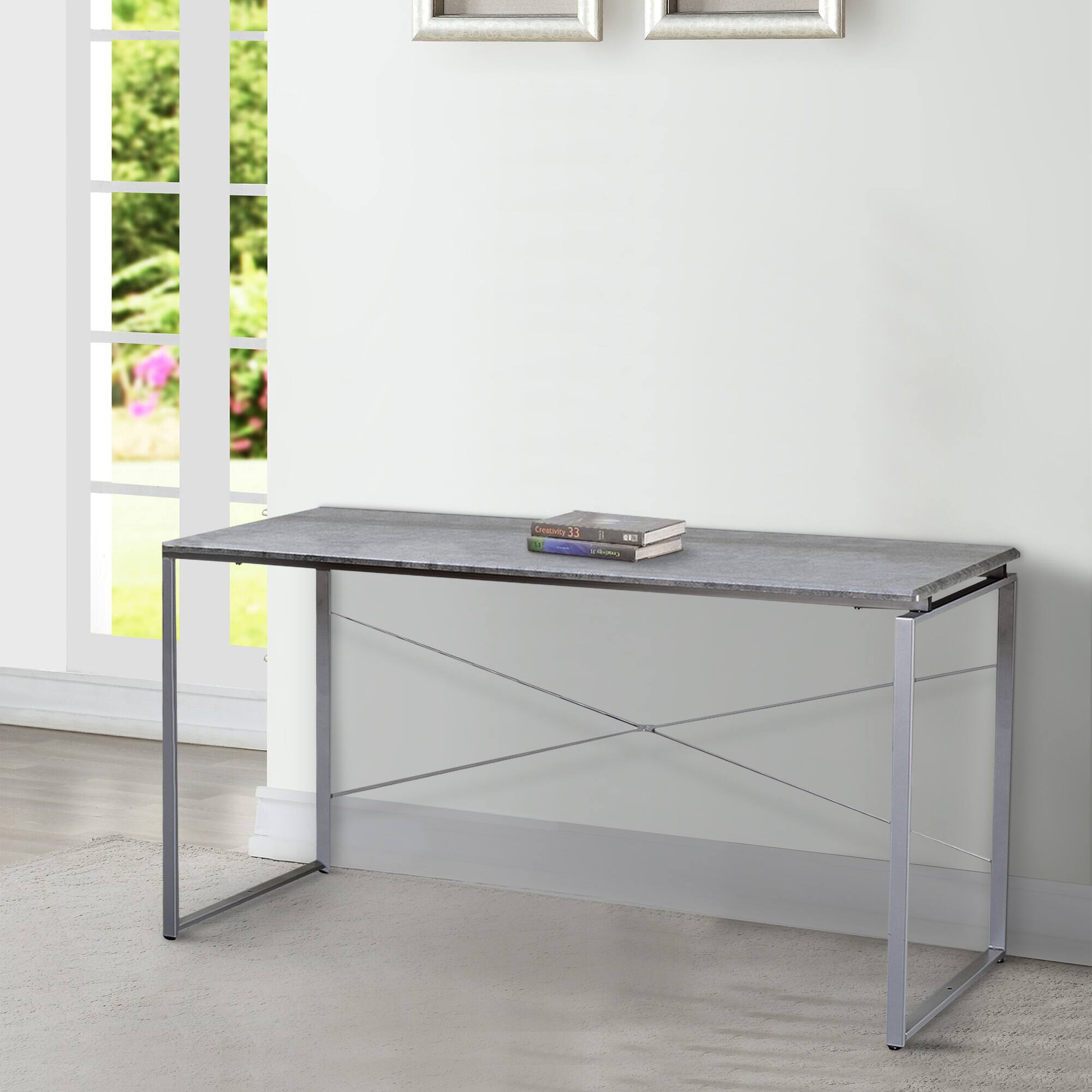 Alt View 5. Manhattan Lane - Sled Base Rectangular Table with X shape Back and Wood Top - Gray and Silver.