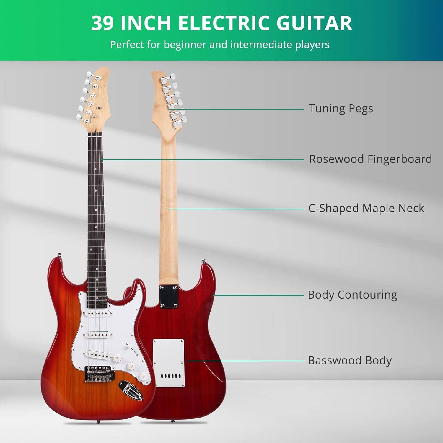 39 INCH ELECTRIC GUITAR  
Perfect for beginner and intermediate players  

- Tuning Pegs  
- Rosewood Fingerboard  
- C-Shaped Maple Neck  
- Body Contouring  
- Basswood Body