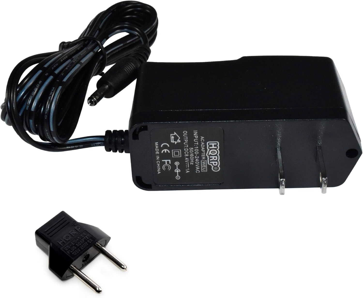 INPUT: 1 AC MADE CE OUTPUT: DC8.4V=1A 100 ADAPTER IN 50/60Hz 100-240VAC HORPO CHINA FC

At WEU 12 HORE E US- EU-1 ADAPTER 250V BA PLUG PL 125V 125V250V