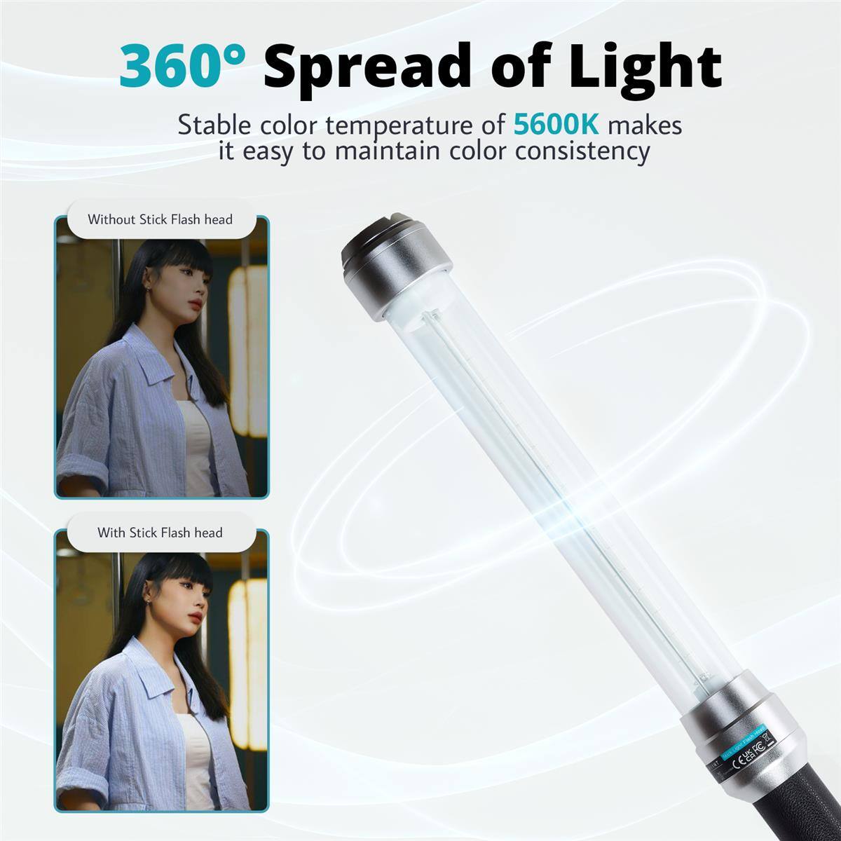 360° Spread of Light  
Stable color temperature of 5600K makes it easy to maintain color consistency  

Without Stick Flash head  
With Stick Flash head
