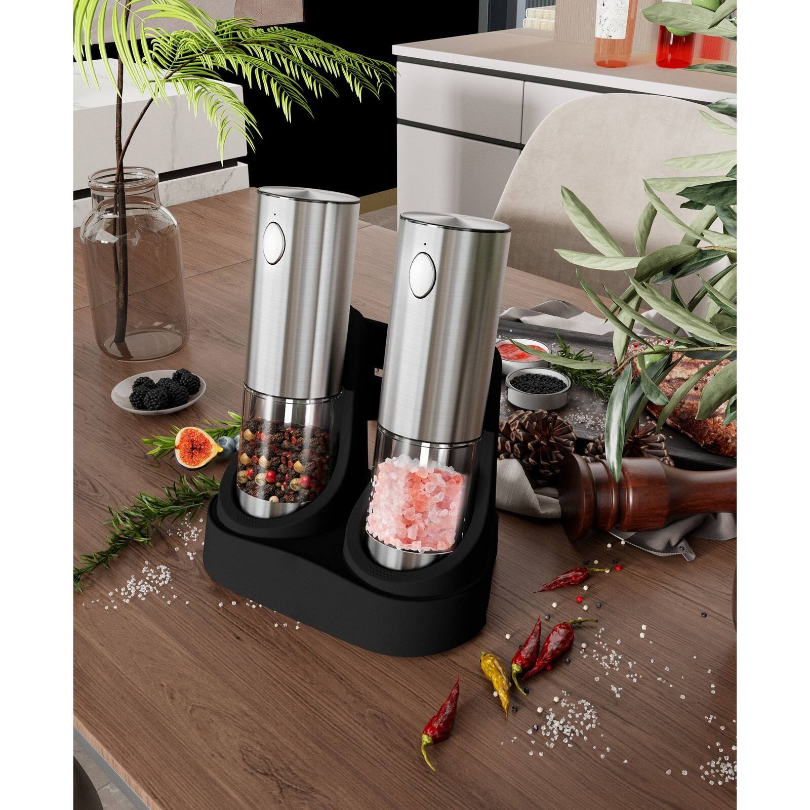 Angle. Sugift - Rechargeable Electric Salt And Pepper Grinder Set 95-ml Stainless Steel Mills With LED Light Charging Base - Silver.