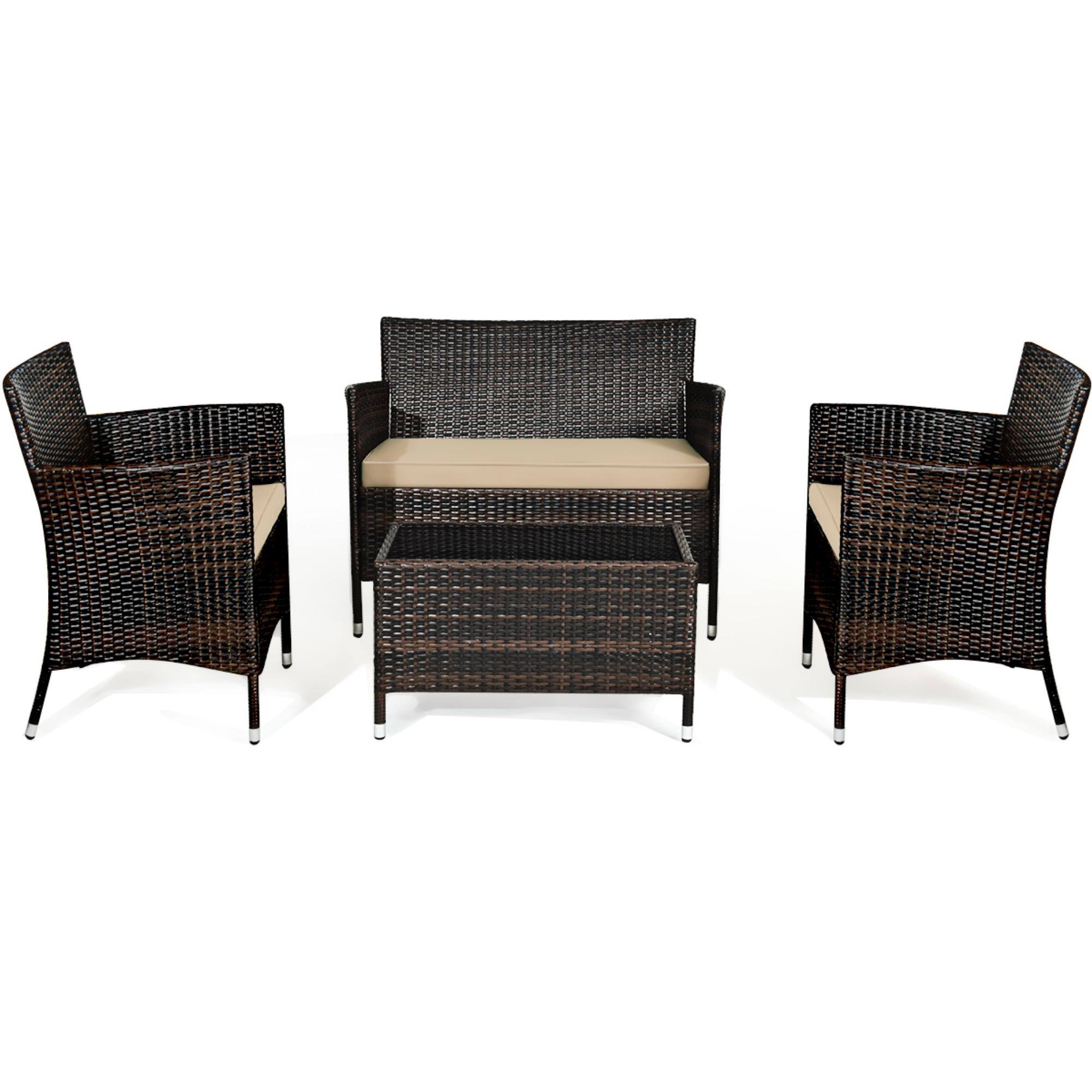 Alt View 1. Gymax - Gymax 4PCS Patio Rattan Conversation Furniture Set Outdoor w/ Brown & Grey Cushion - Brown, Grey.