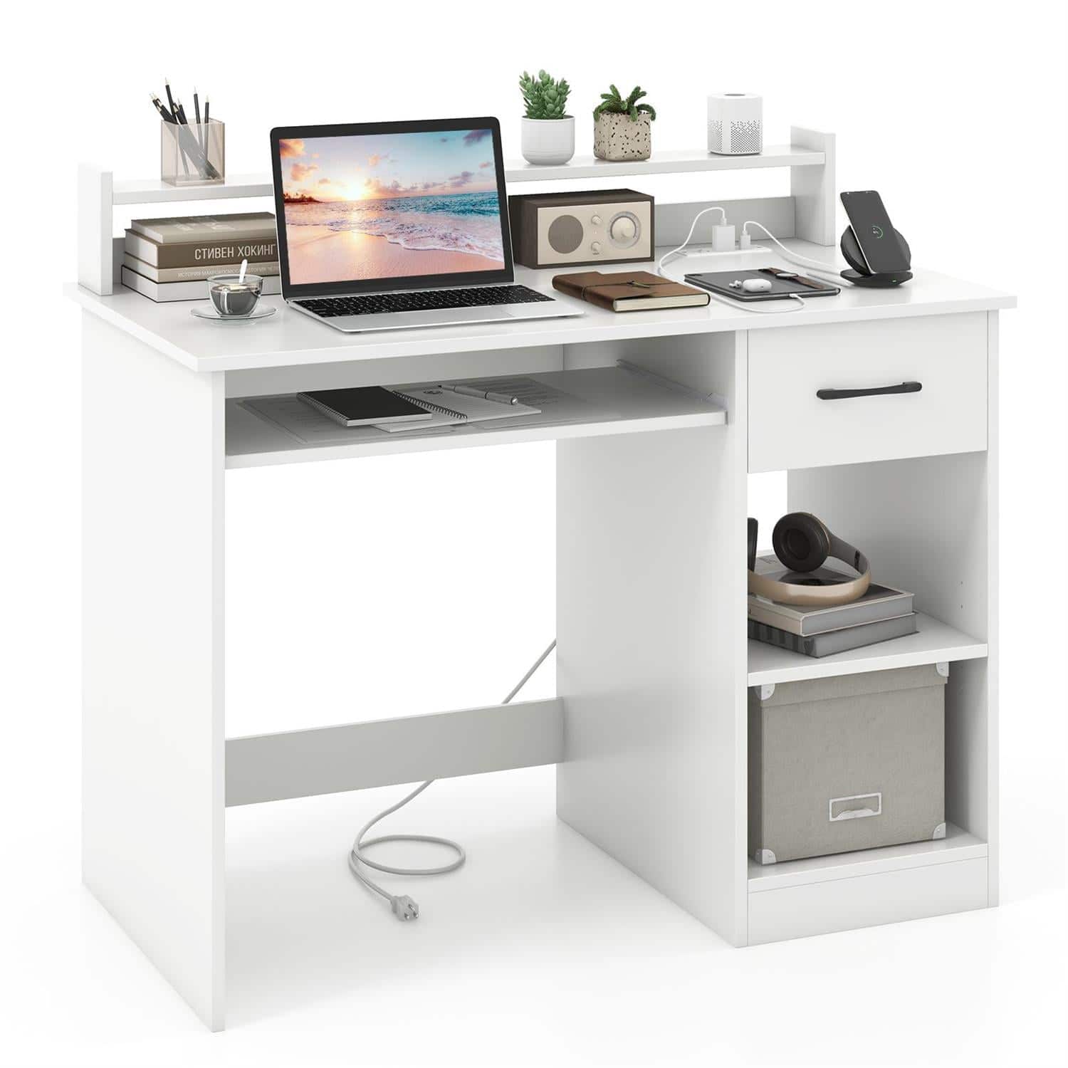Pefilos - Home Office Desk - with Charging Station Reinforced Crossbar, Keyboard Tray Adjustable Shelf - White