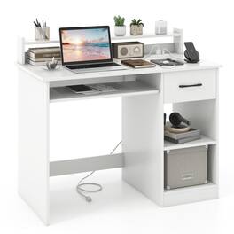 Pefilos - Home Office Desk - with Charging Station Reinforced Crossbar, Keyboard Tray Adjustable Shelf - White