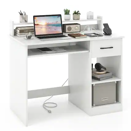 Front. Pefilos - White Home Office Desk - with Charging Station Reinforced Crossbar, Keyboard Tray Adjustable Shelf, White - White.
