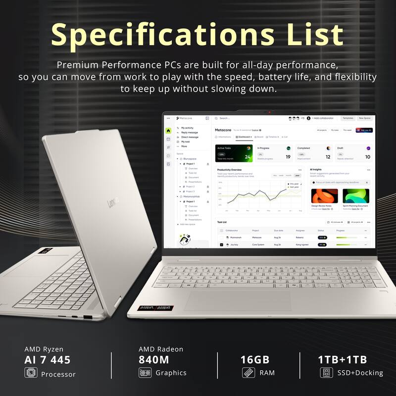 Specifications List

Premium Performance PCs are built for all-day performance, so you can move from work to play with the speed, battery life, and flexibility to keep up without slowing down.

- AMD Ryzen AI 7 445 Processor
- AMD Radeon 840M Graphics
- 16GB RAM
- 1TB+1TB SSD+Docking