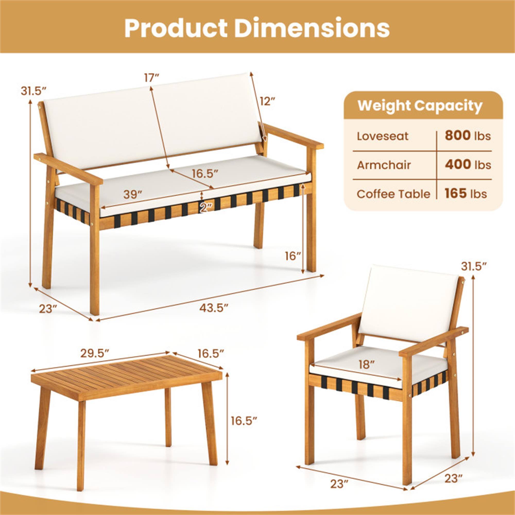 Product Dimensions  
- Loveseat: 31.5" W x 17" H x 12" D  
- Armchair: 31.5" W x 16.5" H x 18" D  
- Coffee Table: 29.5" W x 16.5" D x 16" H  

Weight Capacity  
- Loveseat: 800 lbs  
- Armchair: 400 lbs  
- Coffee Table: 165 lbs