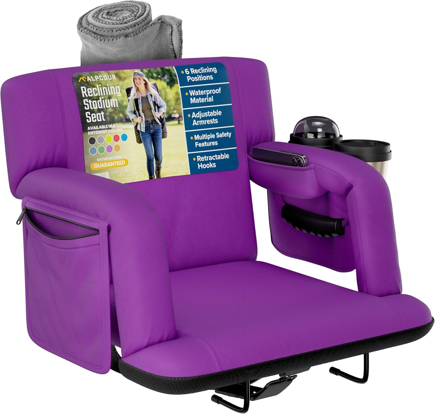 ALPCOUR  
Reclining Stadium Seat  
AVAILABLE IN DIFFERENT COLORS  
SATISFACTION GUARANTEED  

- 6 Reclining Positions  
- Waterproof Material  
- Adjustable Armrests  
- Multiple Safety Features  
- Retractable Hooks