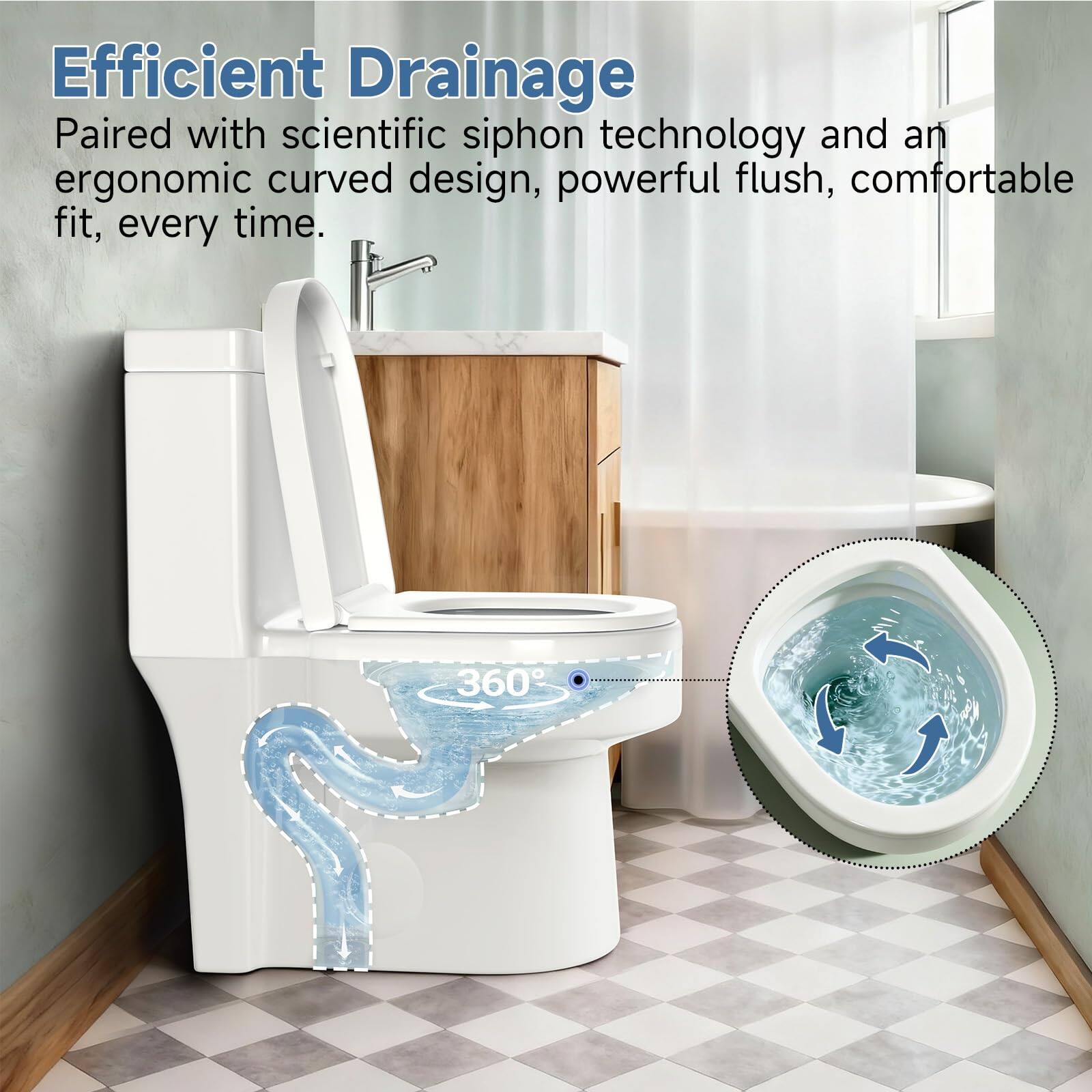 Efficient Drainage  
Paired with scientific siphon technology and an ergonomic curved design, powerful flush, comfortable fit, every time.