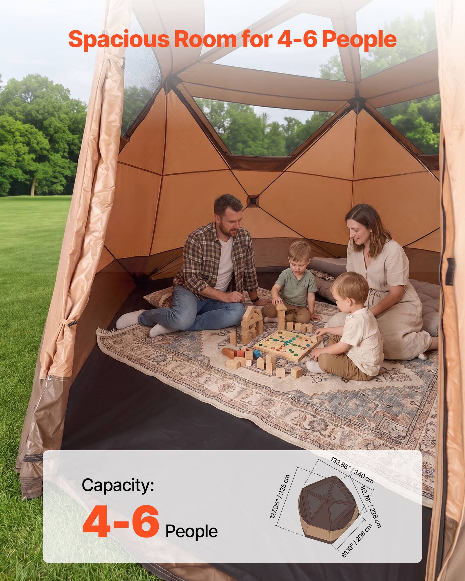 Spacious Room for 4-6 People

Capacity: 4-6 People

Dimensions:
- 133.86" x 340 cm
- 89.76" x 127.95"
- 228 cm
- 81.10"
