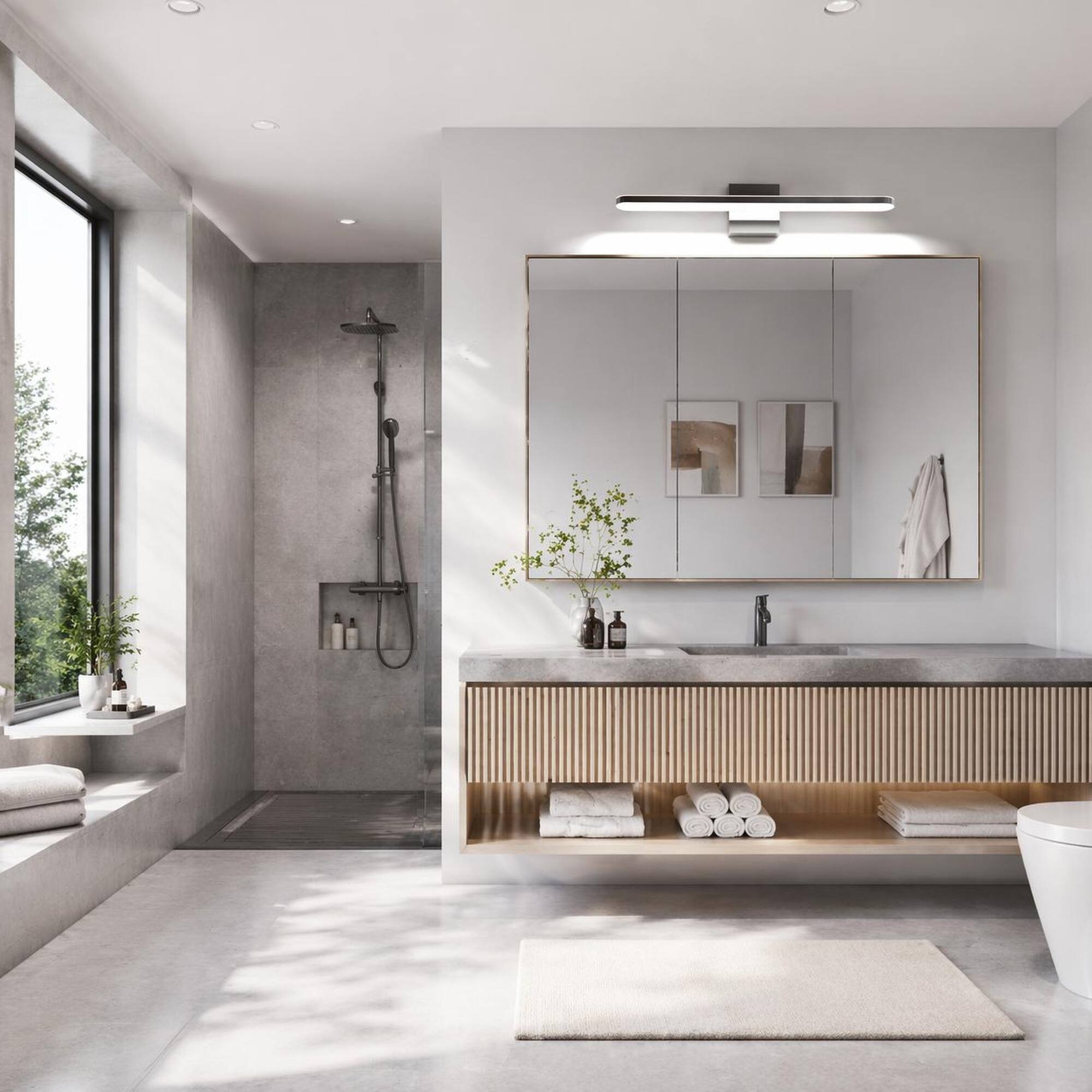 Angle. RYHNUYNE - 24-Inch Chrome LED Vanity Light with Dimmable 6000K Brightness, Stainless Steel and Acrylic Construction for Bathroom.