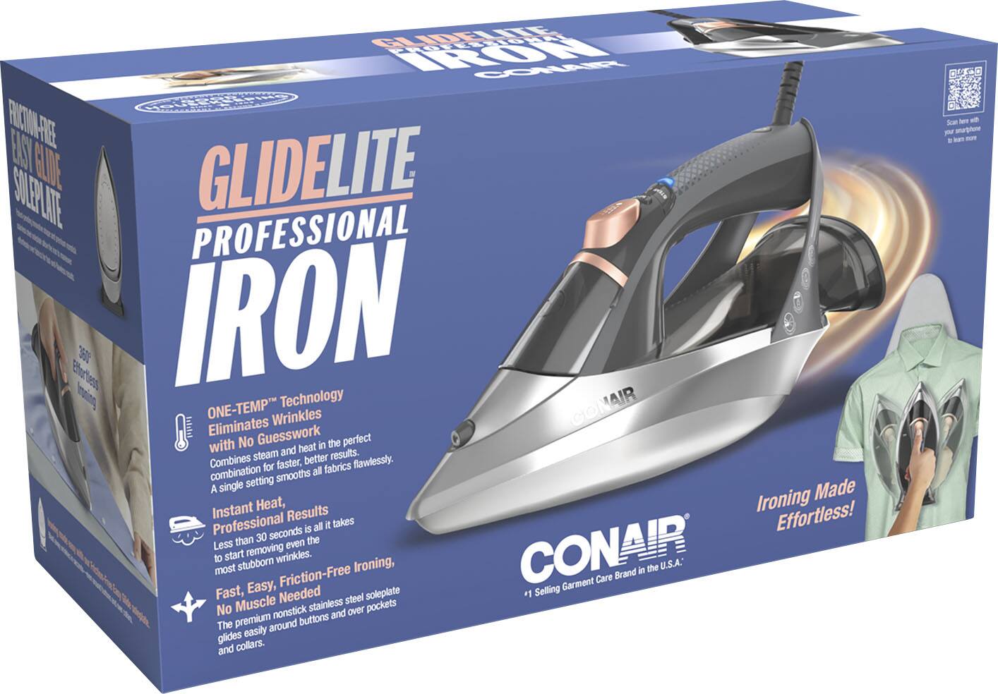 GlideLite Professional Iron Box Set - Comes with a GlideLite Professional Iron and a GlideLite Professional Steamer. The iron has a 1 1/2" nonstick stainless steel soleplate that glides easily over pockets, buttons, and collars. The steamer is designed to eliminate wrinkles with no guesswork, providing faster, all-fabric ironing results in just seconds. The combination of steam and heat ensures flawless ironing results, making it an easy and effortless ironing experience. The premium brand is known for its easy-to-use and fast-selling garment care products.