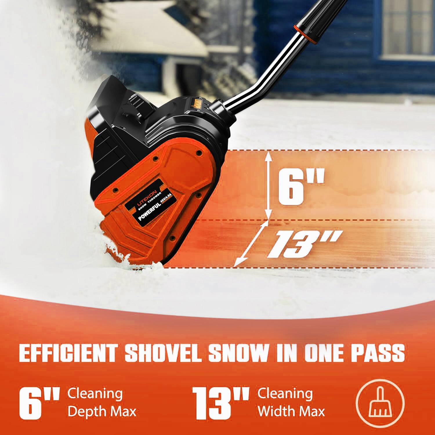 LITEKON RW NEVHRA - Powerful 6" 13" Efficient Shovel Snow in One Pass  
Cleaning  
6" Depth Max  
13" Width Max