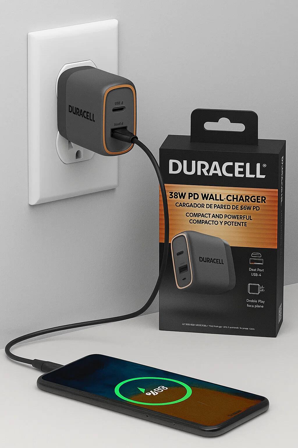 DURACELL  
38W PD WALL-CHARGER  
CARGADOR DE PARED DE 38W PD  
COMPACT AND POWERFUL  
COMPACTO Y POTENTE  

DURACELL  
Deat Port USB-4  
Doble Play foca plane  

DURACELL  
38W PD WALL-CHARGER  
CARGADOR DE PARED DE 38W PD  
COMPACT AND POWERFUL  
COMPACTO Y POTENTE  

DURACELL  
Deat Port USB-4  
Doble Play foca plane