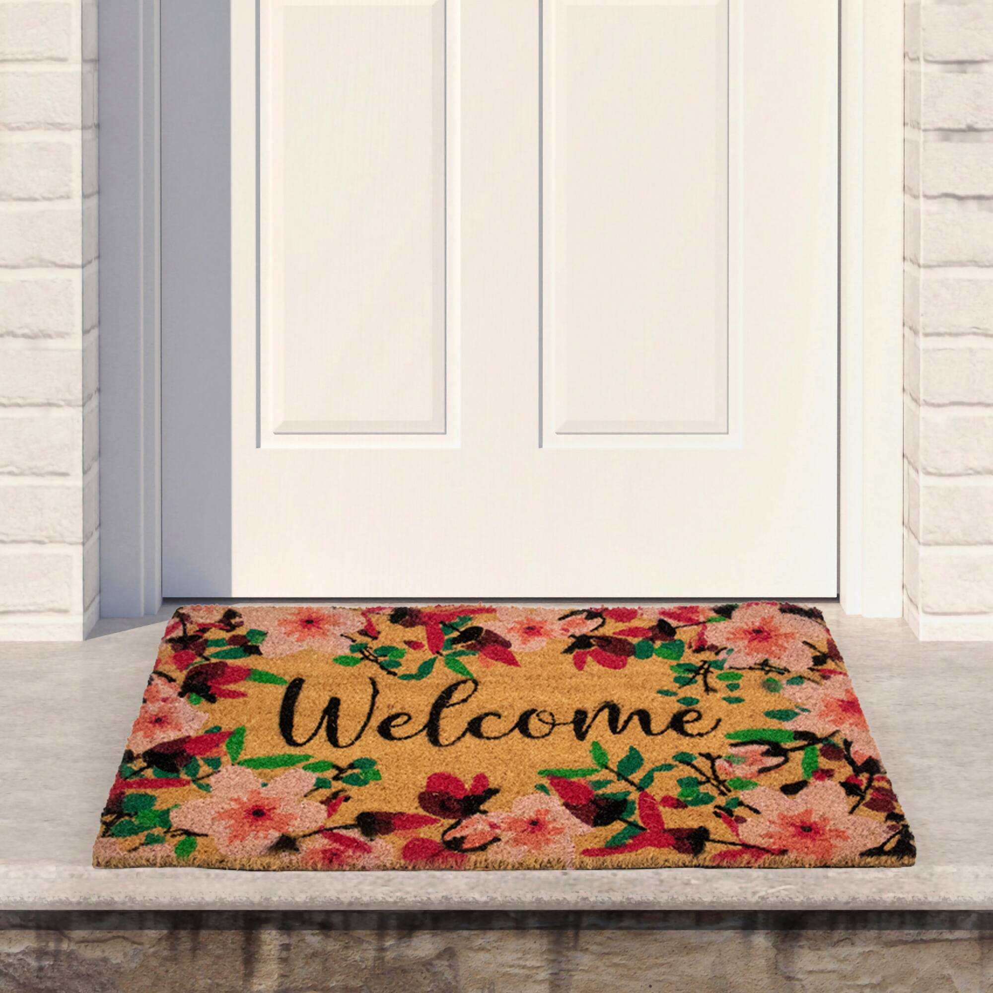 Alt View 1. Northlight - Natural Coir Blossoming Floral Outdoor Rectangular "Welcome" Doormat 18" x 30" - Brown.