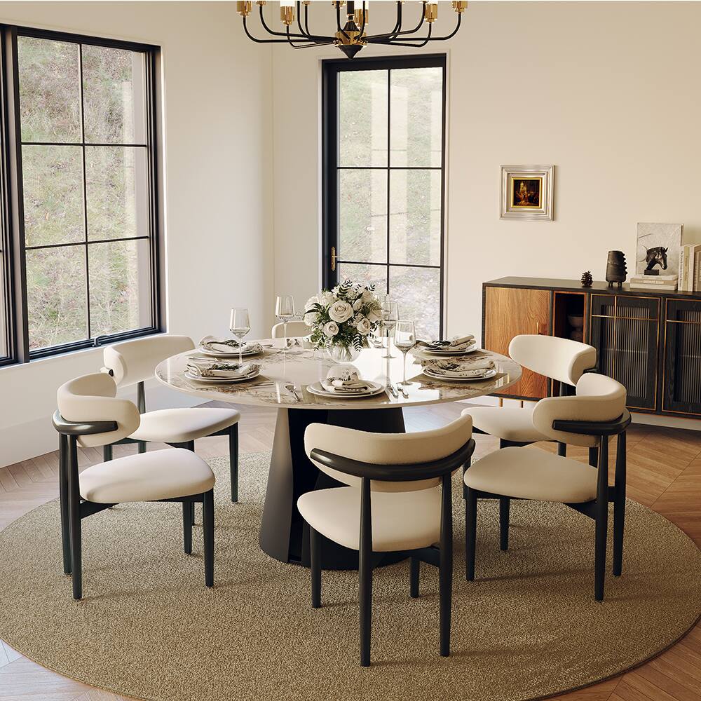 Left. POVISON - 59" Modern Round Dining Table for 6, Glossy Pandora Sintered Stone Round Dining Table, Solid Black Carbon Steel Base - Pandora & Black Steel Base.