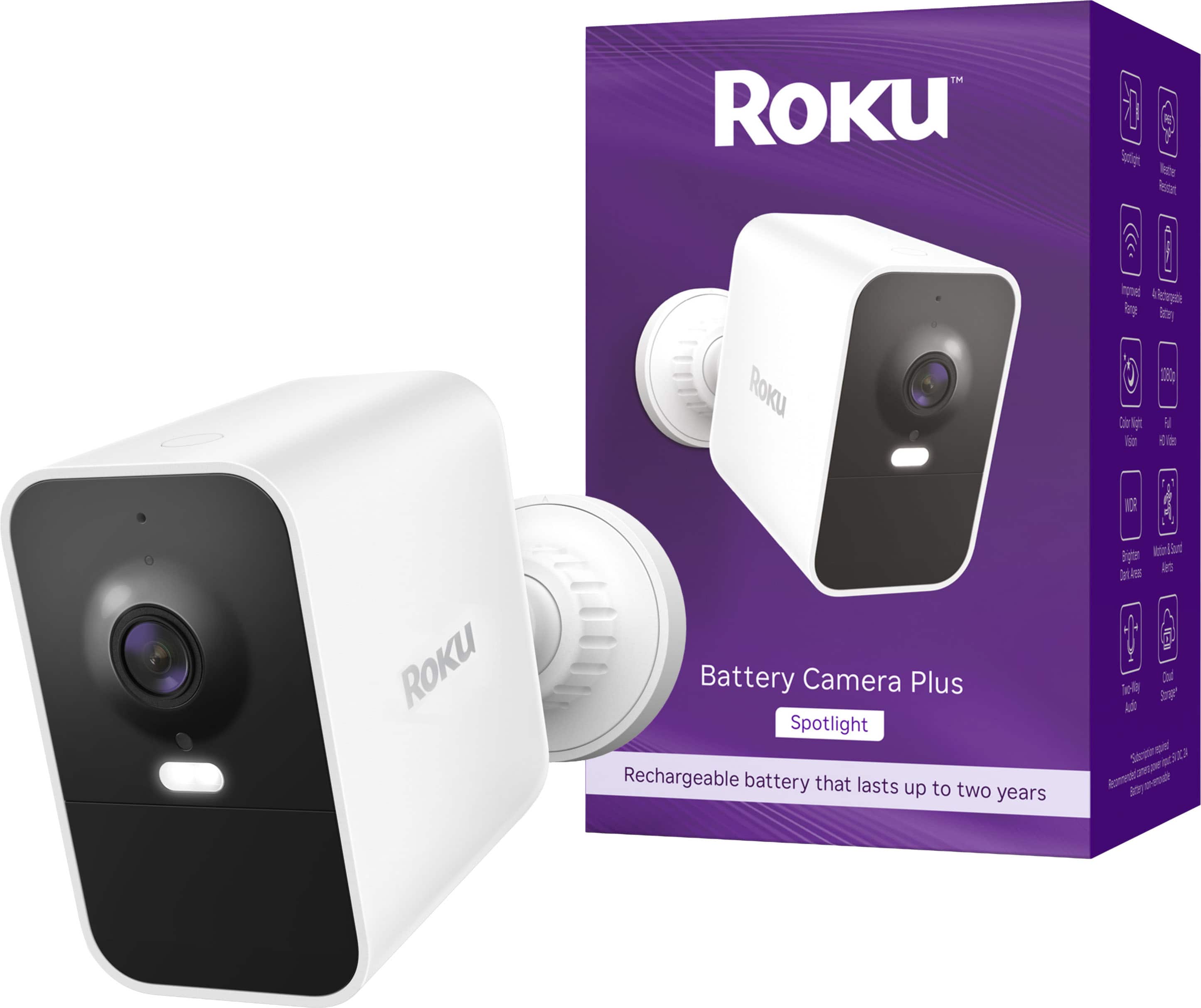 Roku - Battery Camera Plus for Home Monitoring – 1080p HD, 4X Rechargeable Battery, Weather-Resistant, Spotlight, Wi-Fi 6 - White