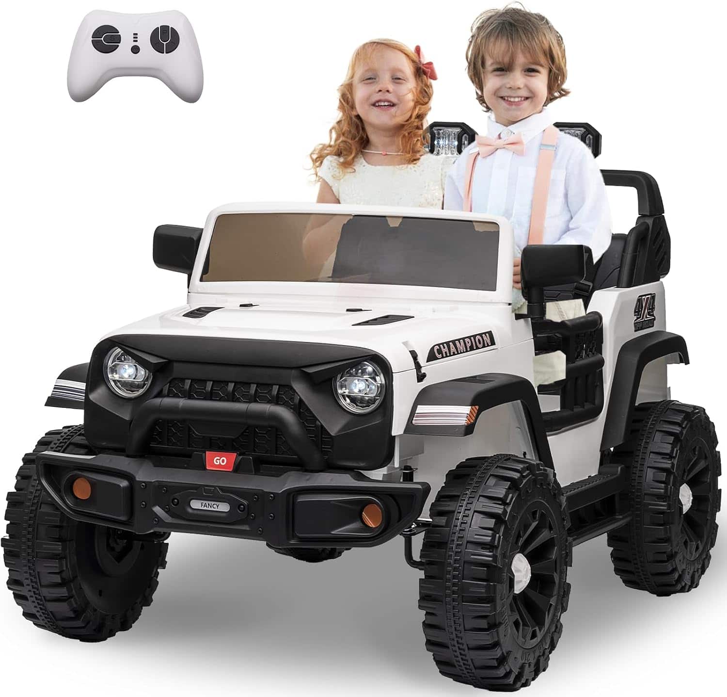 Homhougo - 24V Kids Ride On Jeep, 2-Seater Electric Car w/ Remote, LED Lights, White