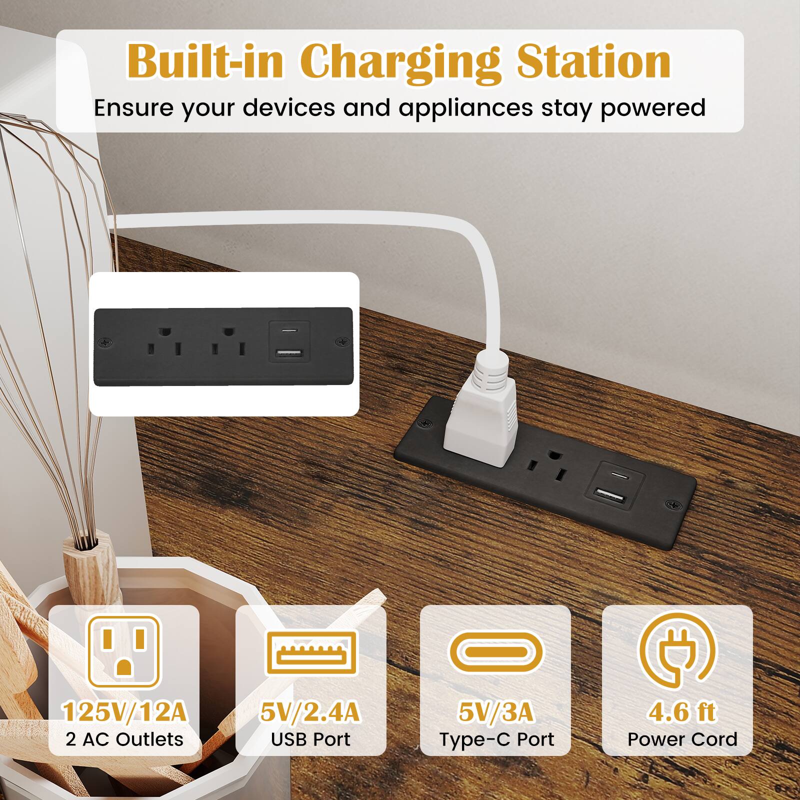 Built-in Charging Station  
Ensure your devices and appliances stay powered  

125V/12A  
2 AC Outlets  
5V/2.4A USB Port  
5V/3A Type-C Port  
4.6 ft Power Cord