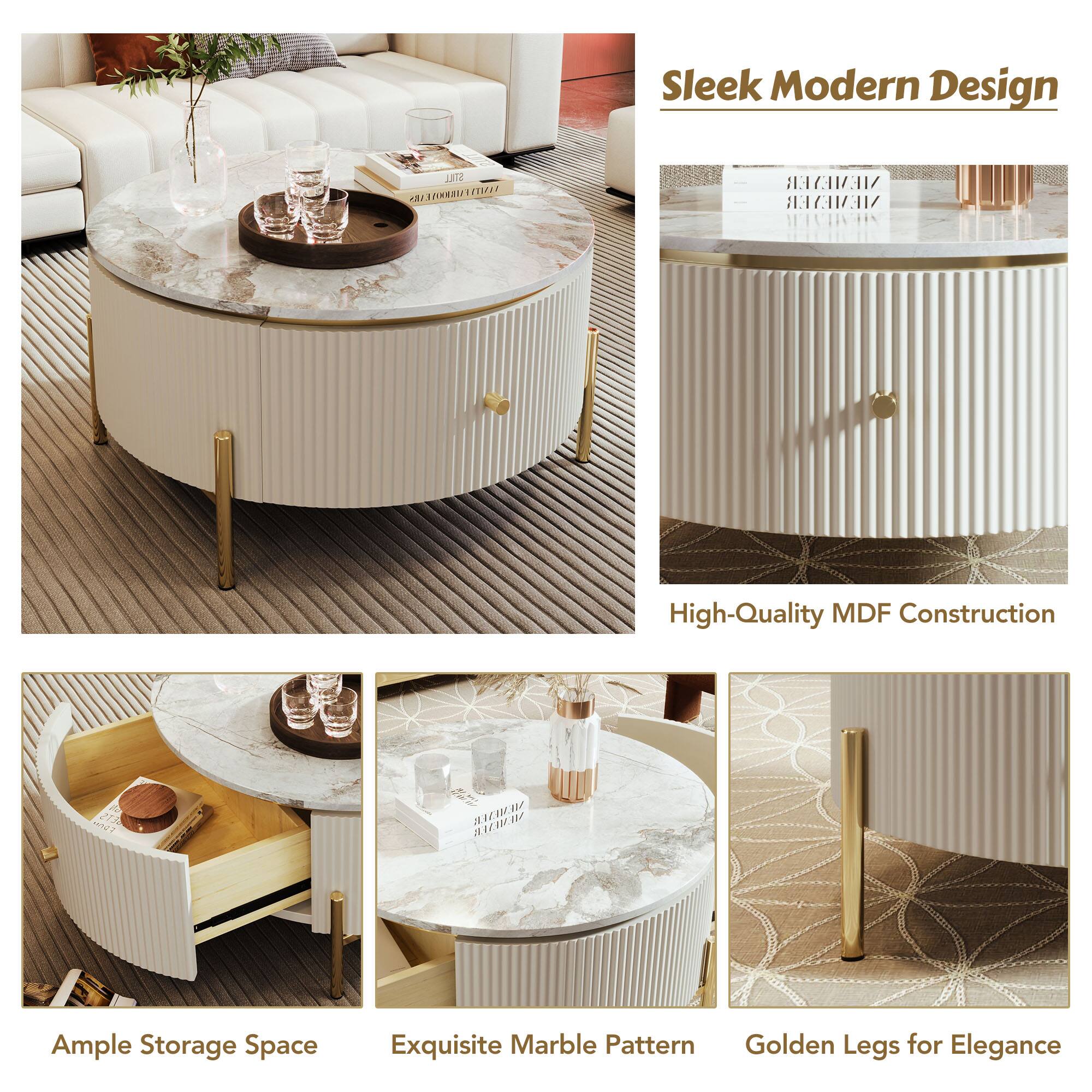 Sleek Modern Design  
High-Quality MDF Construction  
Ample Storage Space  
Exquisite Marble Pattern  
Golden Legs for Elegance