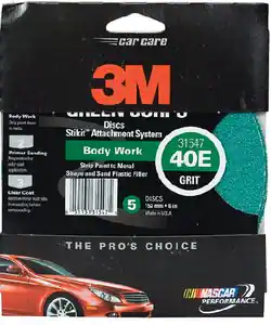 Sure, here is the corrected and grouped text from the image:
---
**car care**
**3M**
**GILLI CoTO Discs**
**Stikit® Attachment System**
**31547**
**Body Work**
**40E**
**GRIT DISCS**
**5** (150 mm x 6 mm)
**THE PRO'S CHOICE**
**INASCAR PERFORMANCE**
---
**Body Work**
1. Removal Sanding
2. Intermediate Sanding
3. Clear Coat Sanding
**Stikit® Attachment System**
**Sticky and Sand Plastic Fiber**
**Made in USA**
---