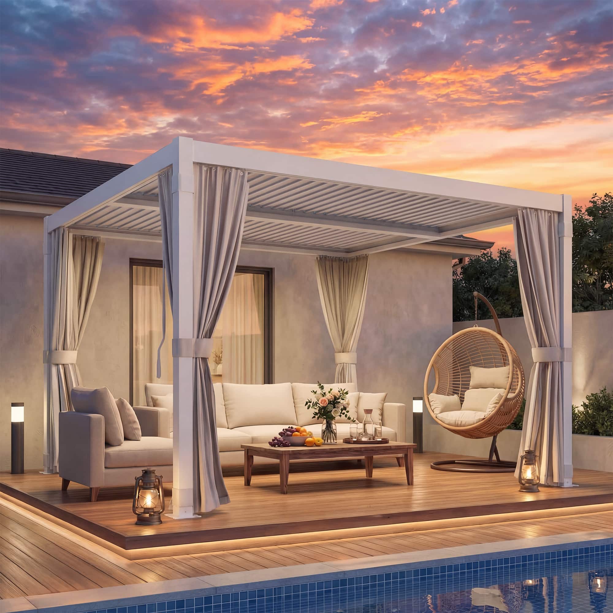 Front. U-HOMY - 12x12 Aluminum Louvered Pergola with Adjustable Roof, Outdoor Patio Gazebo with Curtains for Backyard and Deck - White.
