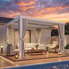 U-HOMY - 12x12 Aluminum Louvered Pergola with Adjustable Roof, Outdoor Patio Gazebo with Curtains for Backyard and Deck - White