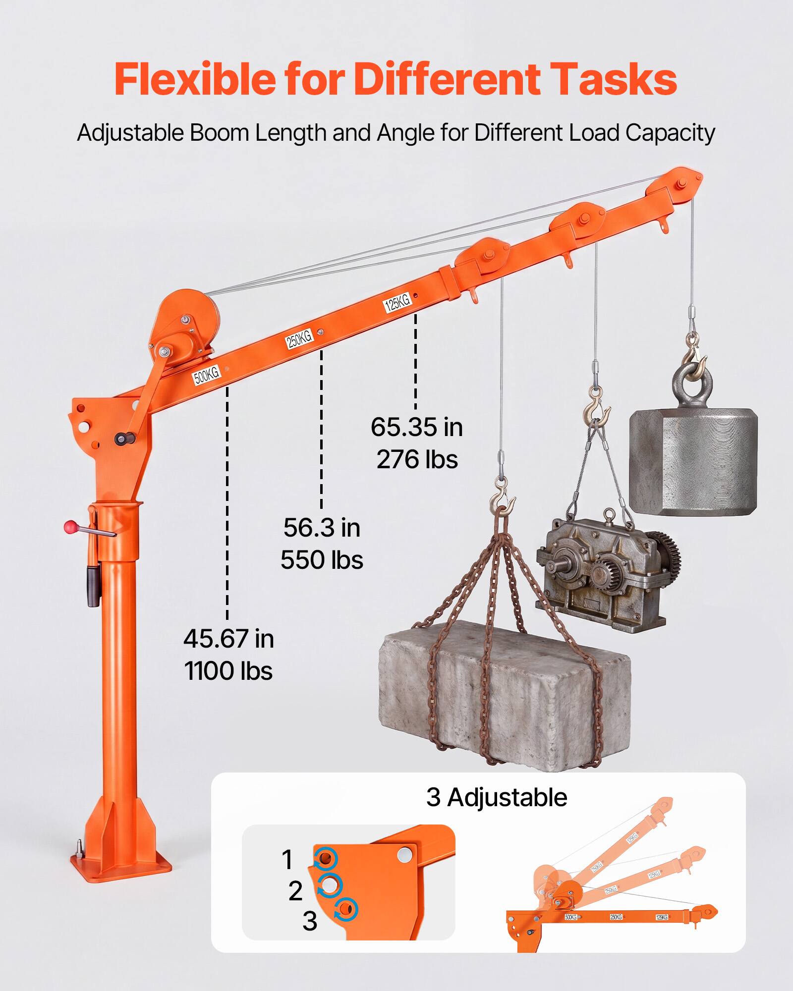 Flexible for Different Tasks  
Adjustable Boom Length and Angle for Different Load Capacity

500KG  
250KG  
125KG  

65.35 in 276 lbs  
56.3 in 550 lbs  
45.67 in 1100 lbs  

1 2 3  

3 Adjustable