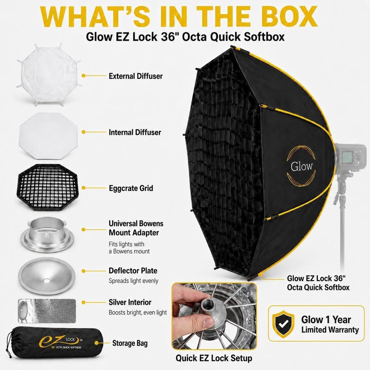 WHAT'S IN THE BOX  
Glow EZ Lock 36" Octa Quick Softbox

- External Diffuser
- Internal Diffuser
- Eggcrate Grid
- Universal Bowens Mount Adapter (Fits lights with a Bowens mount)
- Deflector Plate (Spreads light evenly)
- Silver Interior (Boosts bright, even light)
- Storage Bag
- Quick EZ Lock Setup

Glow EZ Lock 36" Octa Quick Softbox

Glow 1 Year Limited Warranty