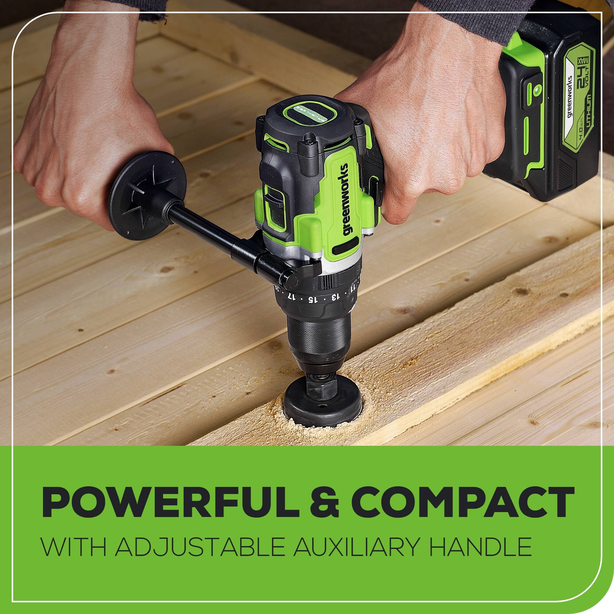 K 17 15 greenworks 11 13 1 :   VOLT GRS LITHIUM a 0H POWERFUL & COMPACT WITH ADJUSTABLE AUXILIARY HANDLE