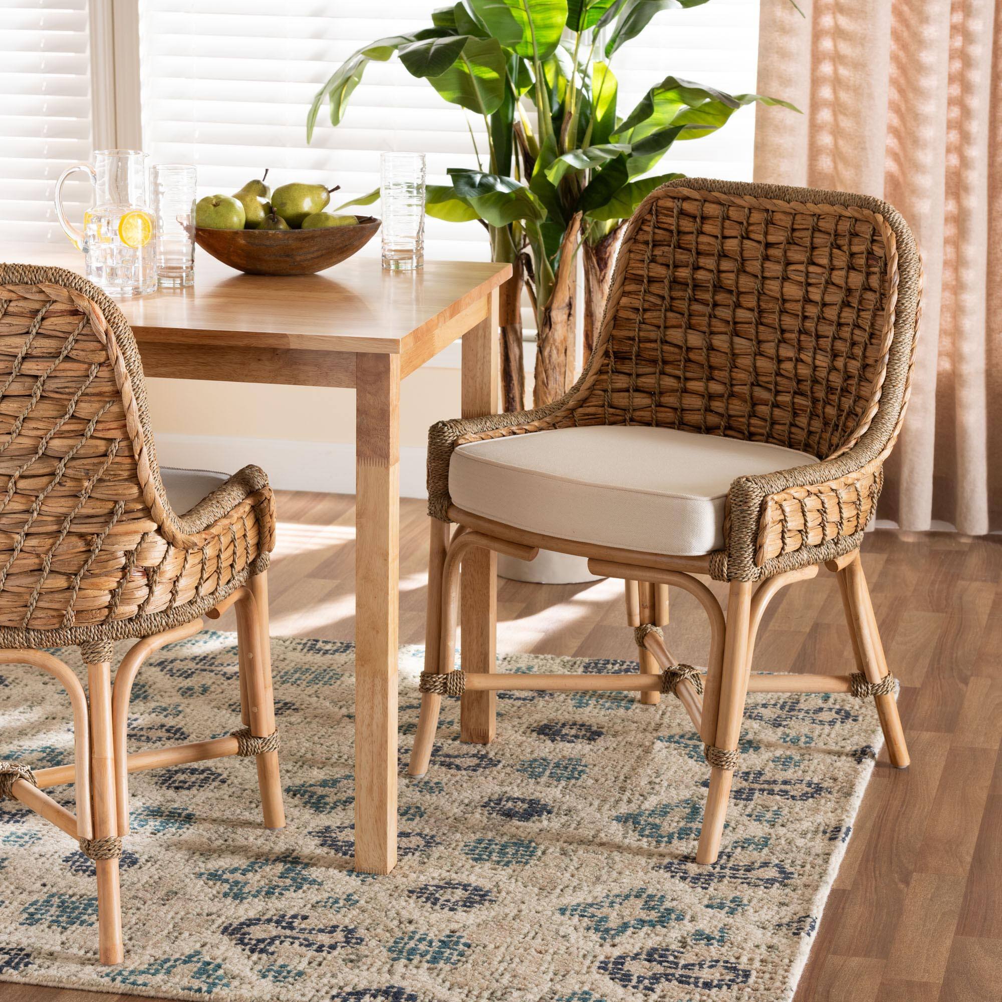Alt View 4. bali & pari - Kyle Modern Bohemian Woven Rattan Dining Side Chair With Cushion - White/Natural Brown.
