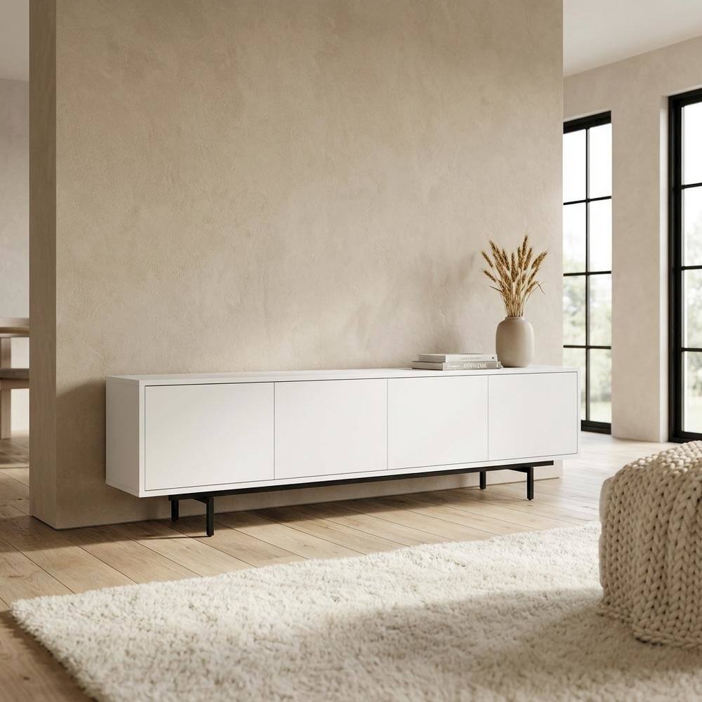 Left. FurniFact - White Laminate TV Stand with 4 Doors and Modern Design - White.