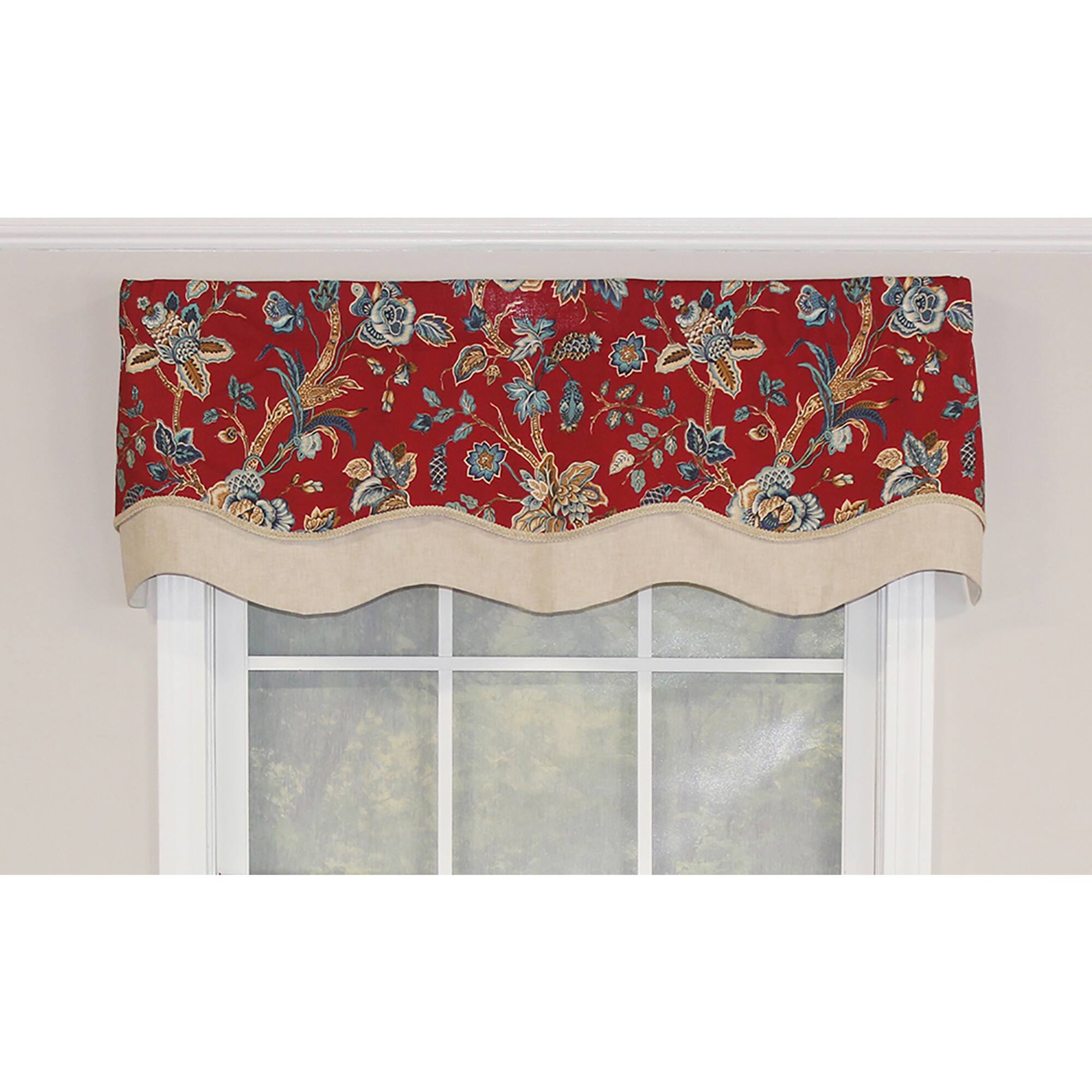 Angle. RLF Home - RLF Home Gianna Glory Valance Red. 3" Rod Pocket, Layered, Trimmed. 50" x 16" - Red.