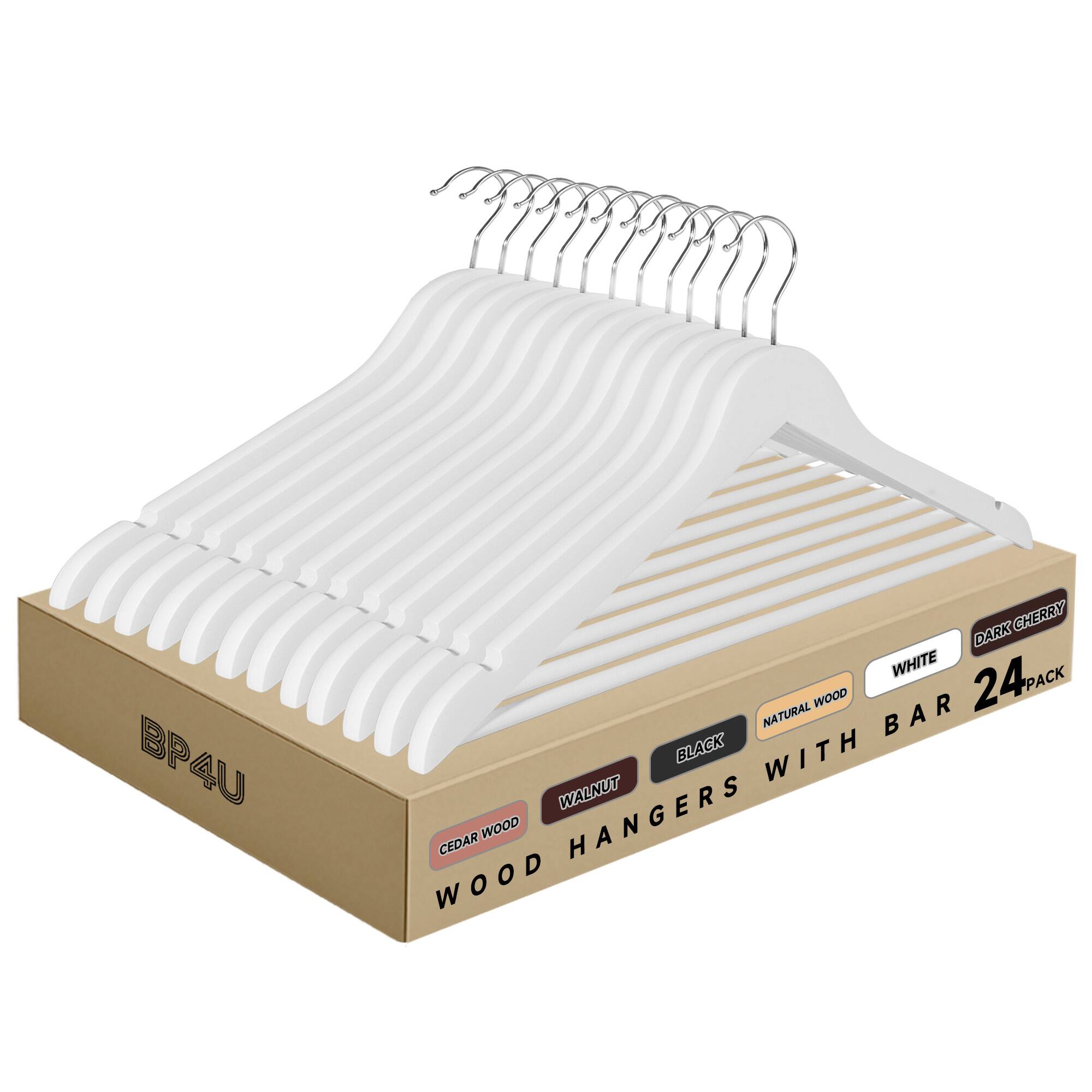 BP4U  
WOOD HANGERS WITH BAR  
24 PACK  
CEDAR WOOD  
WALNUT  
BLACK  
NATURAL WOOD  
WHITE  
DARK CHERRY
