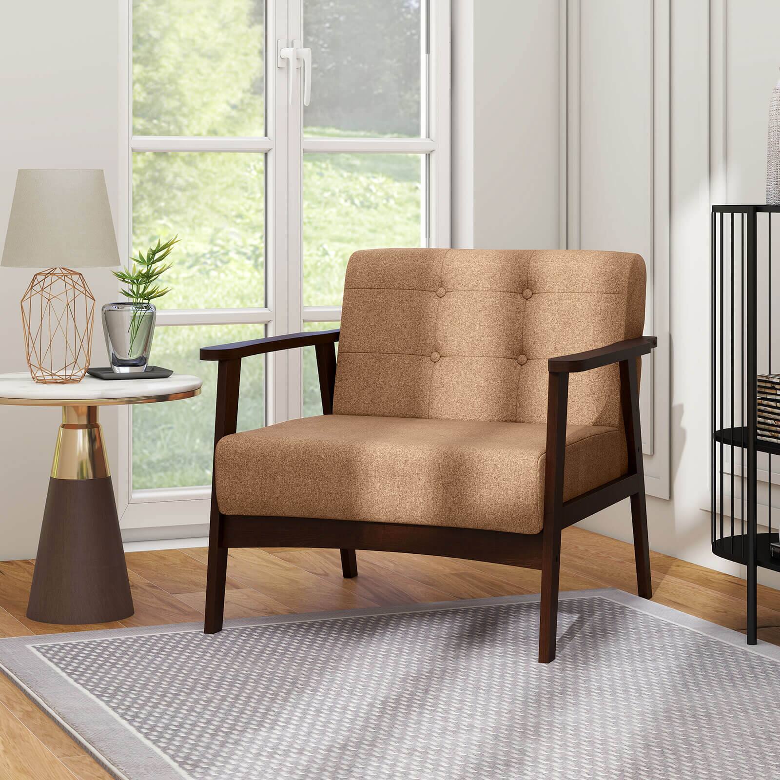 Alt View 3. Costway - Costway 2PCS Accent Chair Button Tufted Mid-century Modern Lounge Chair with Armrest - Brown.