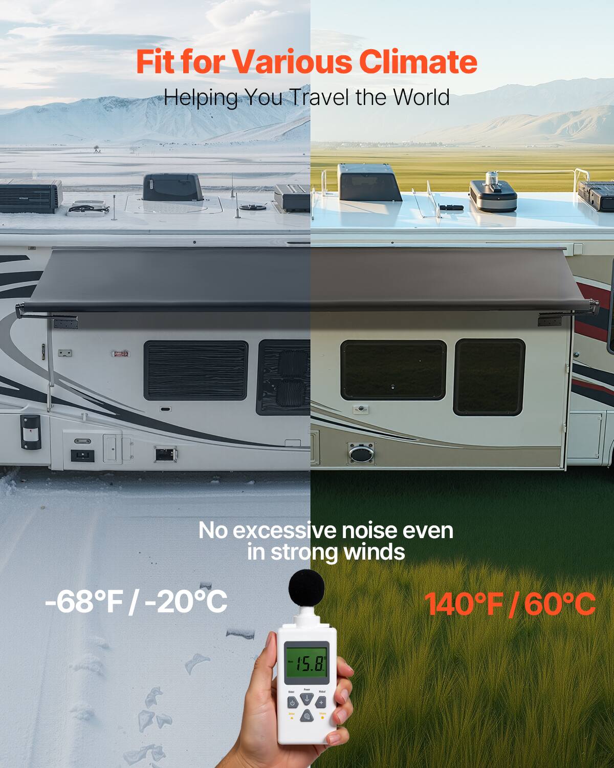 Fit for Various Climate  
Helping You Travel the World  

No excessive noise even in strong winds  

-68°F / -20°C  

140°F / 60°C  

15.8