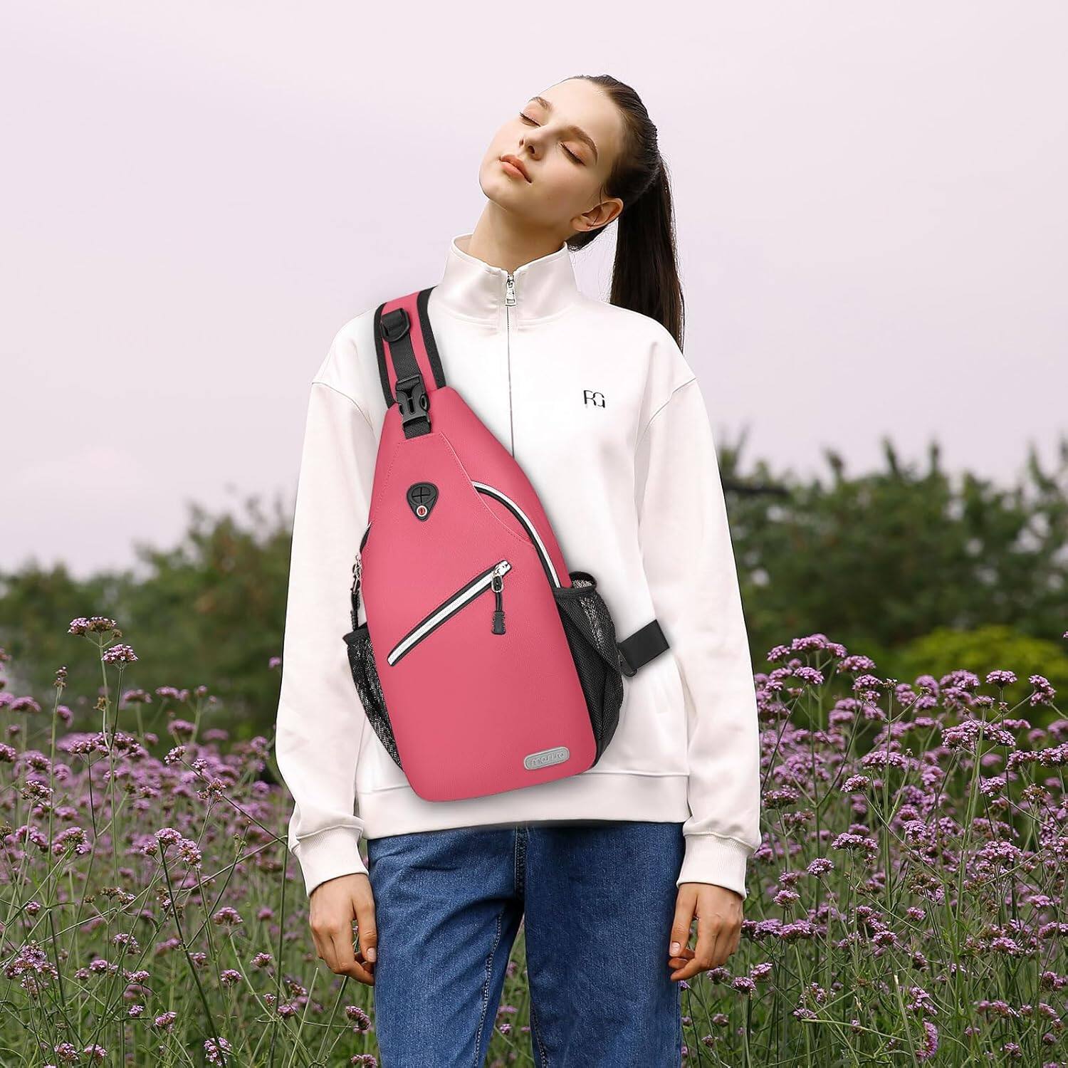 Alt View 3. mosiso - Sling Backpack Multipurpose Crossbody Shoulder Bag Travel Hiking Daypack - Live Coral.