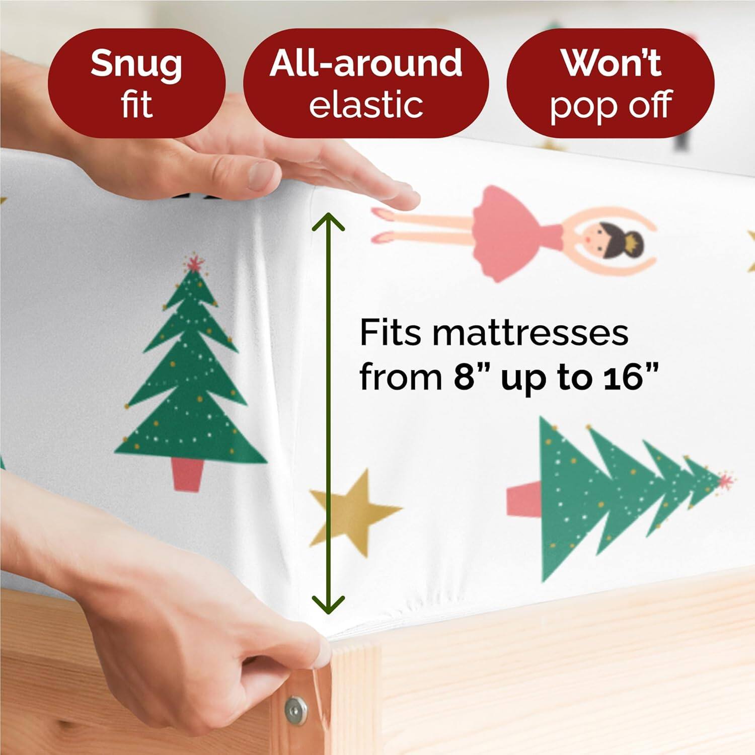 Snug fit  
All-around elastic  
Won't pop off  
Fits mattresses from 8" up to 16"