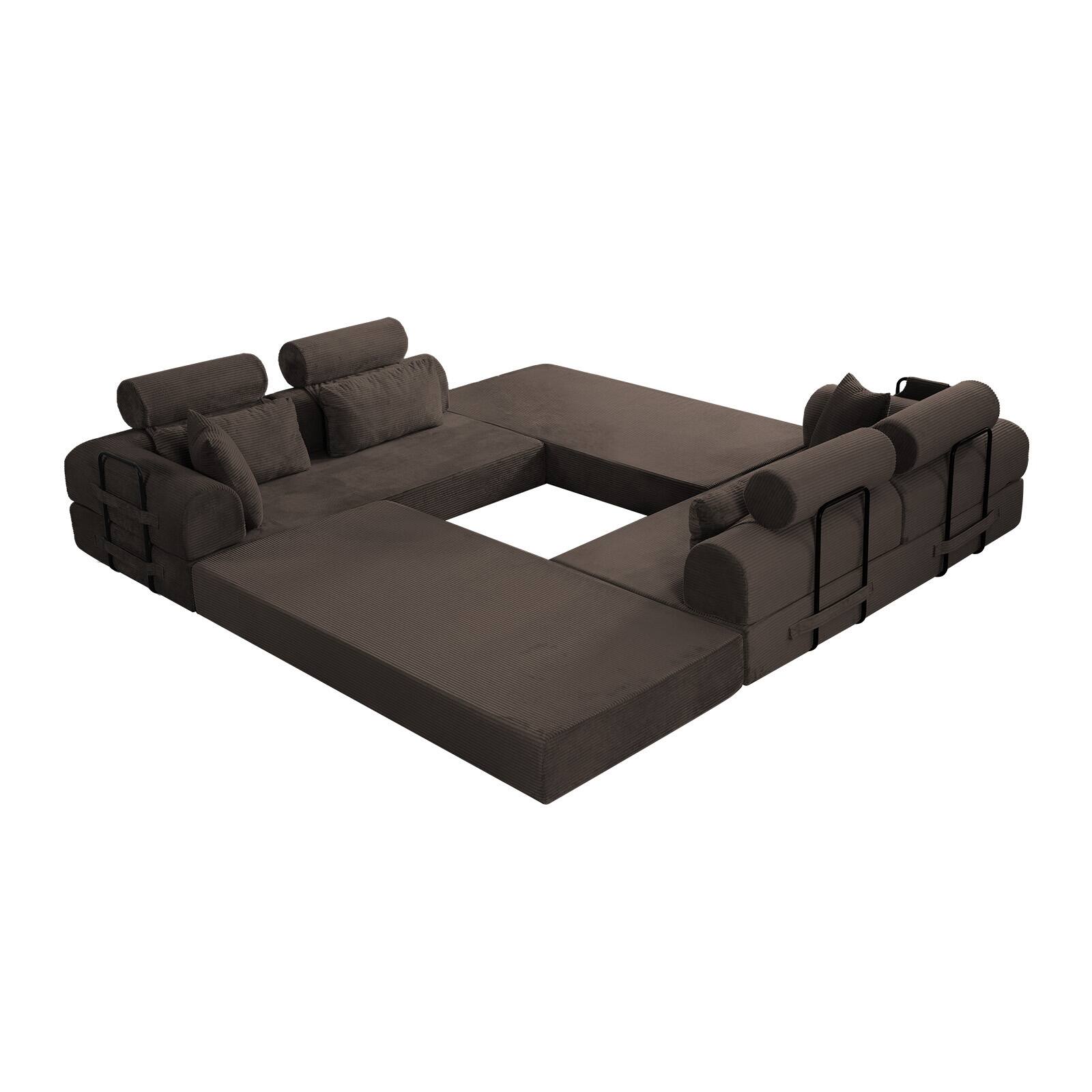 Alt View 1. Anysun - L-Shape Corduroy Modular Sectional Sofa - Minimalist Compressed Design, Unfolds into Bed, Space-Efficient - Brown.