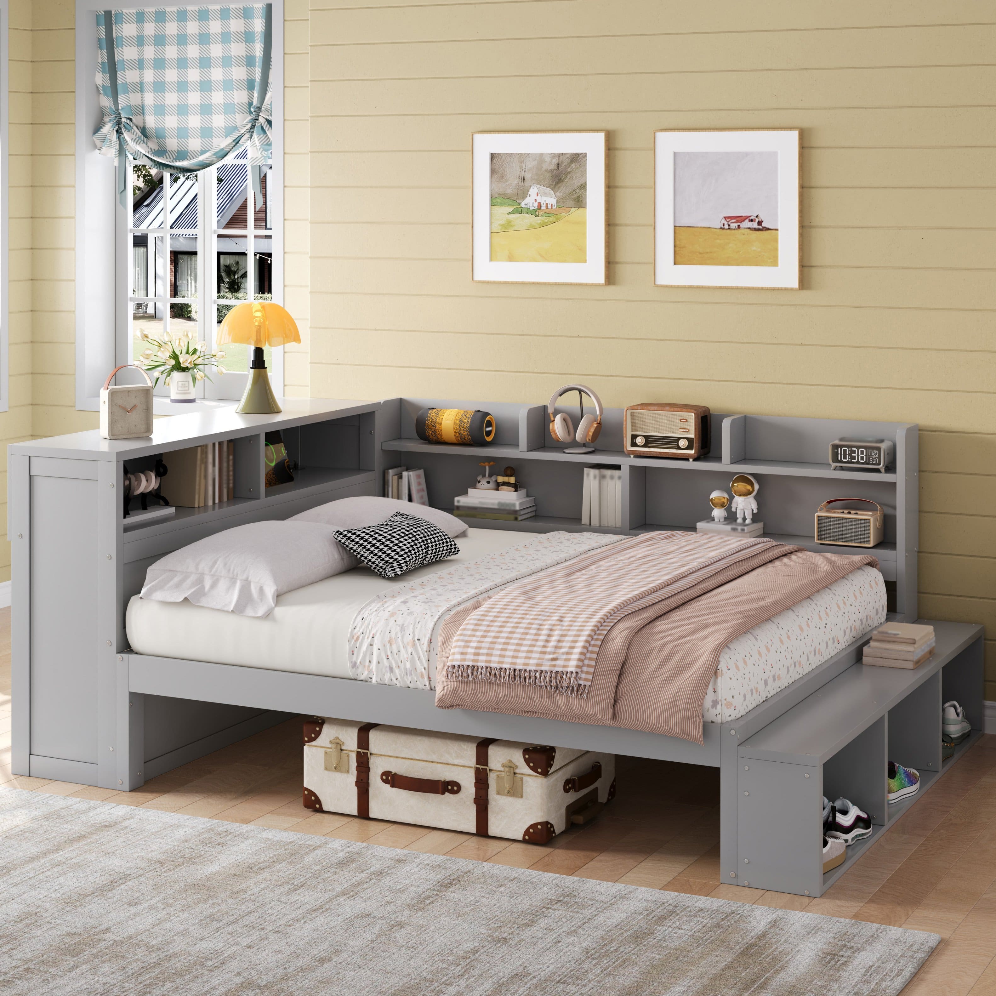 Whisen - Full Size Daybed with Storage Cabinets and Shoe Rack, Wood Platform Bed with USB Charging Station - Gray