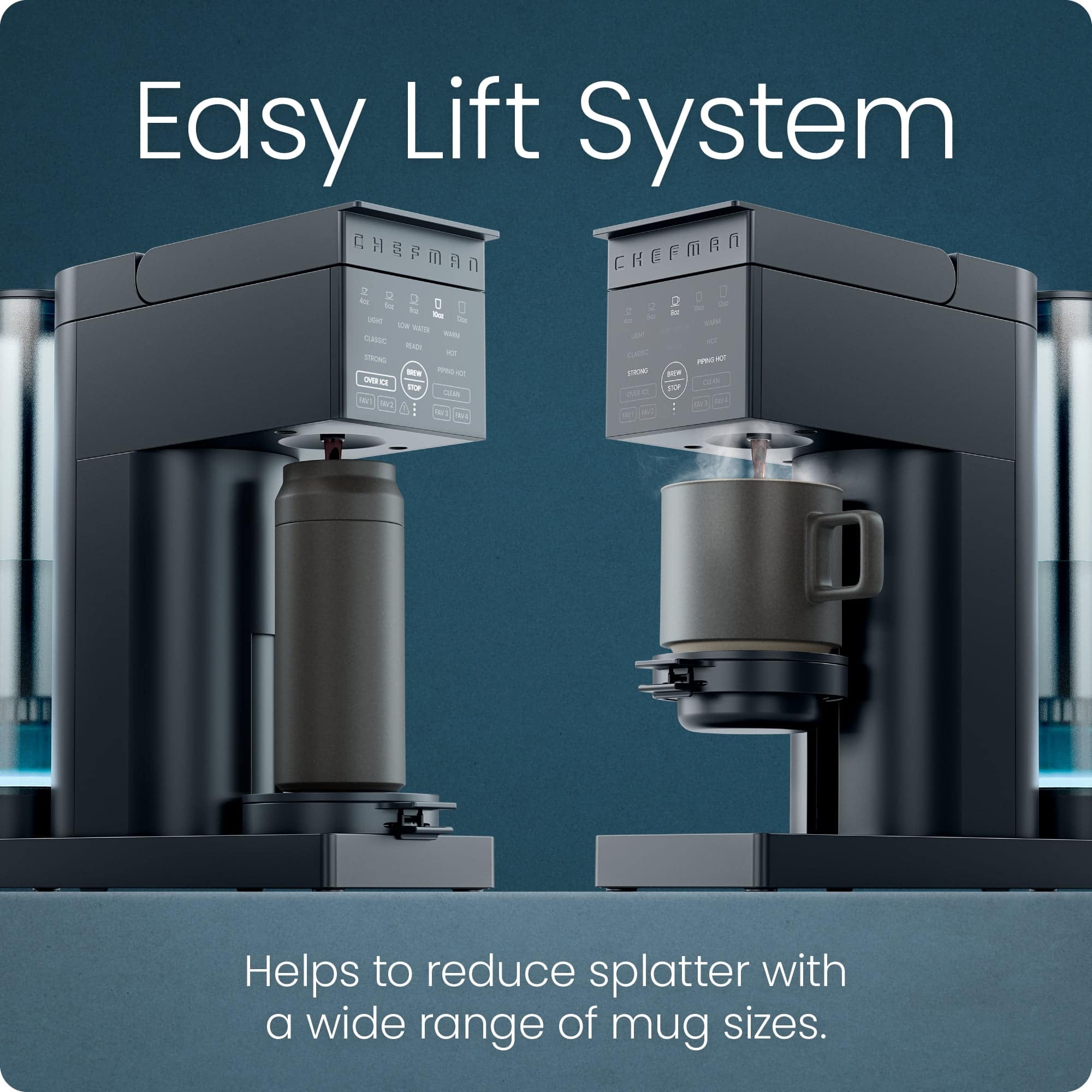 Easy Lift System
Helps to reduce splatter with a wide range of mug sizes.