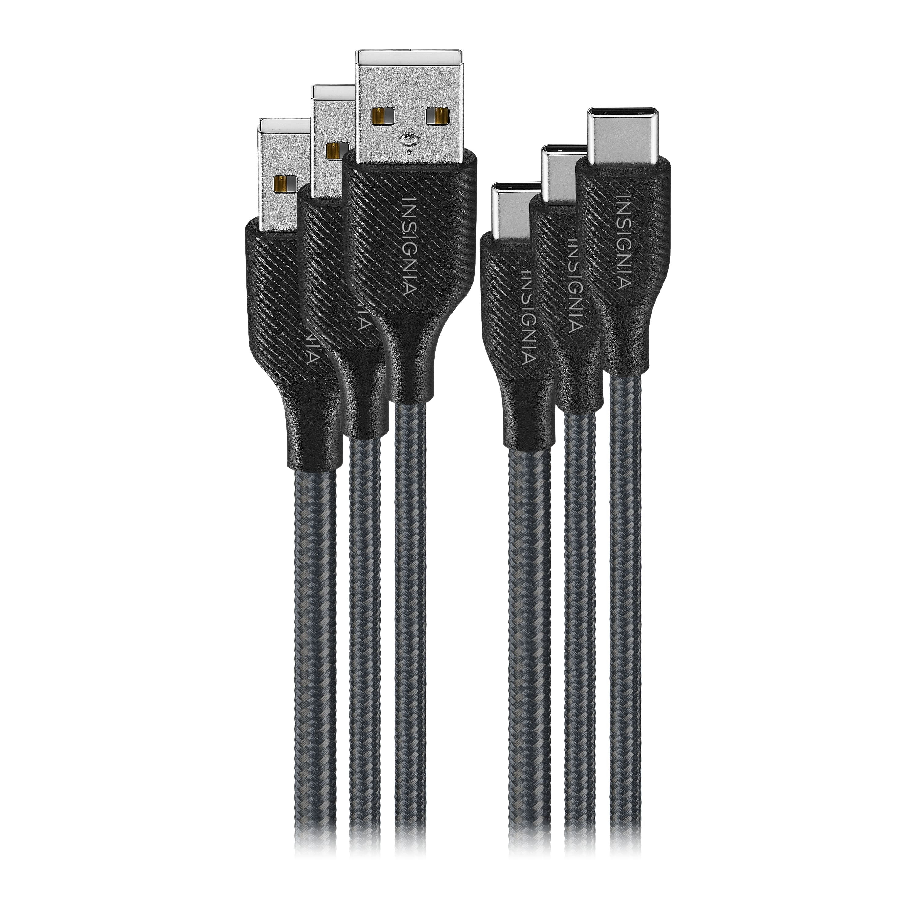Insignia™ - 4' / 6' / 10' USB to USB-C Braided Charge-and-Sync Cables (3-Pack) - Black - Front_Zoom