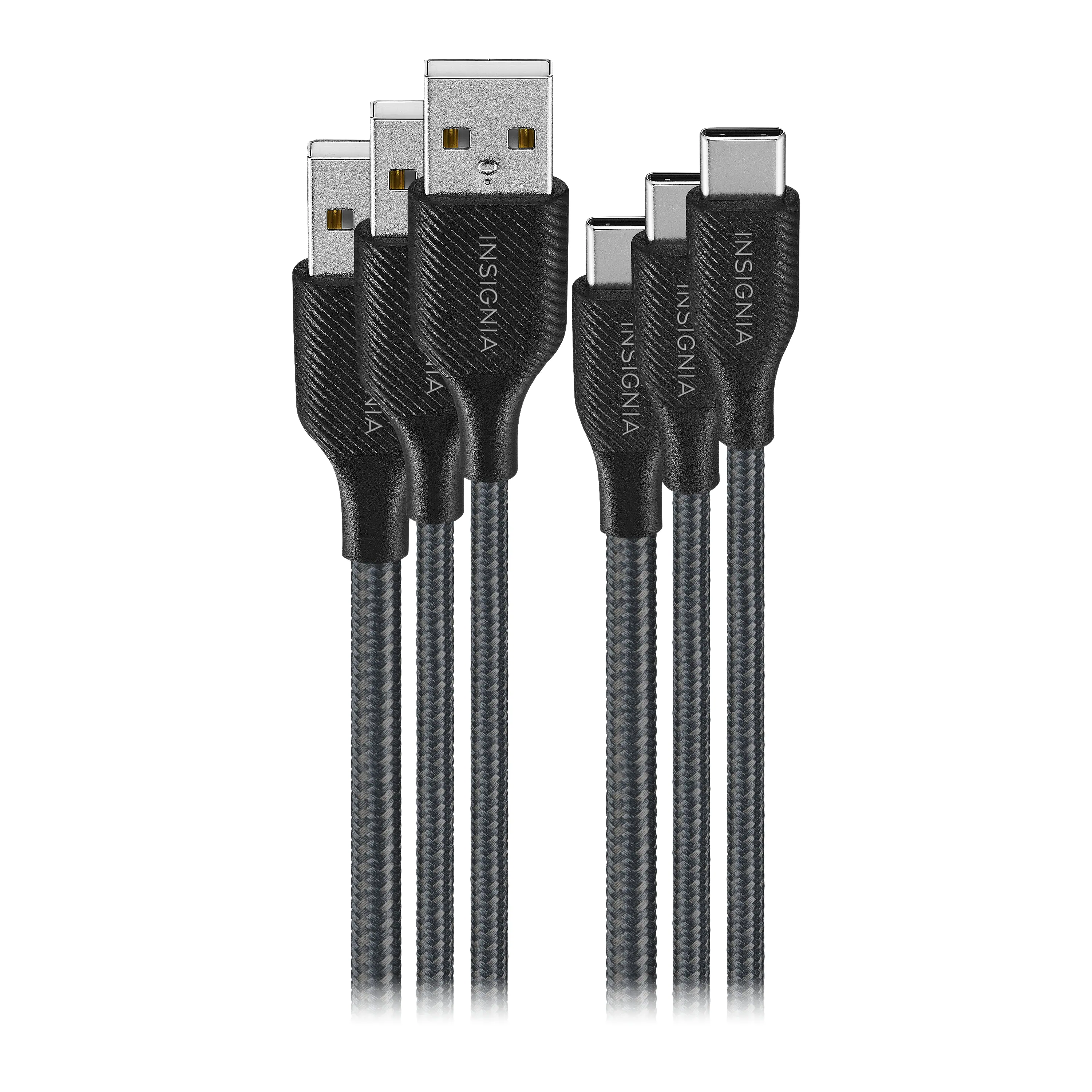Insignia™ - 4' / 6' / 10' USB to USB-C Braided Charge-and-Sync Cables (3-Pack) - Black